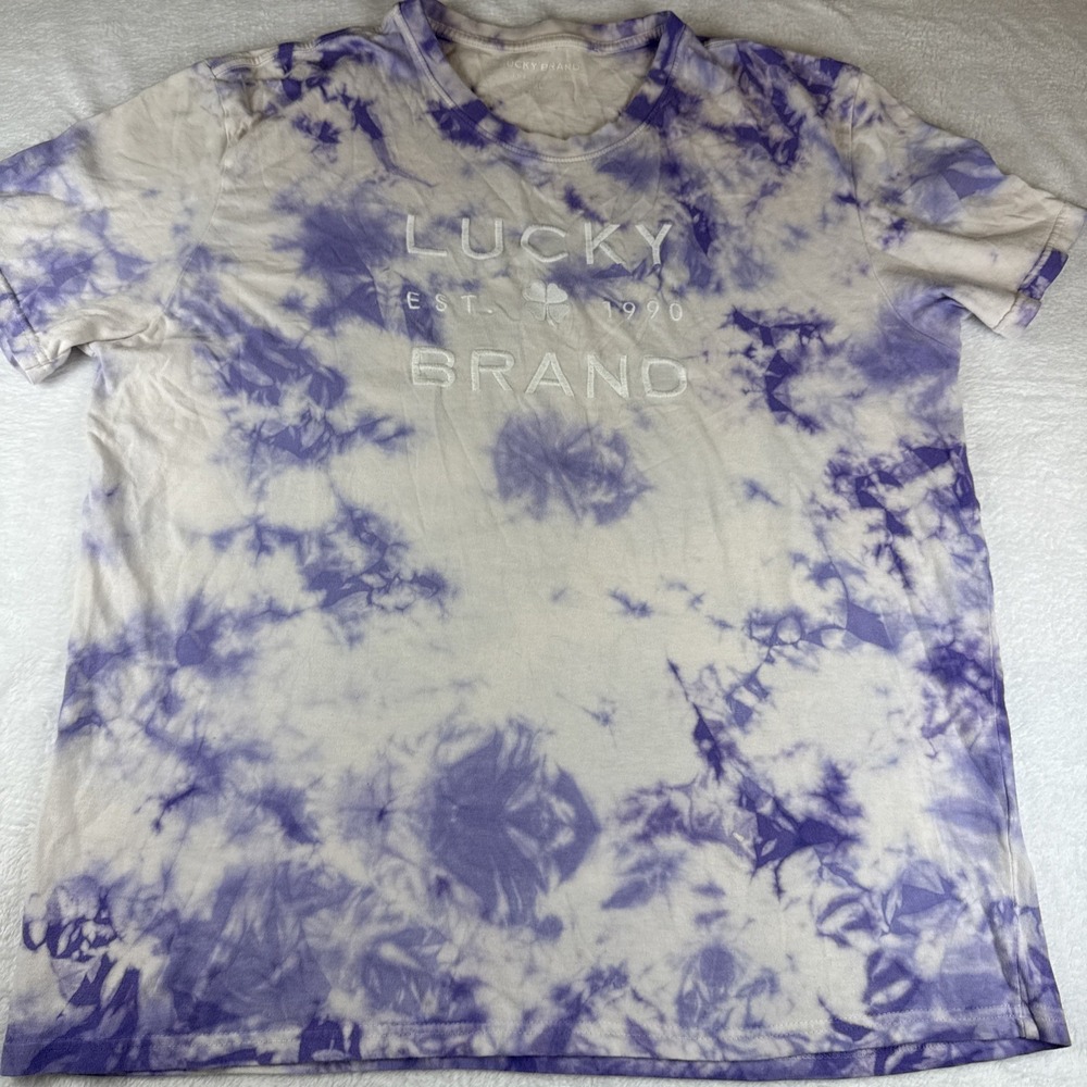 Lucky Brand Purple Marble Tie Dye Embroidered T Shirt Size XL 100% Cotton